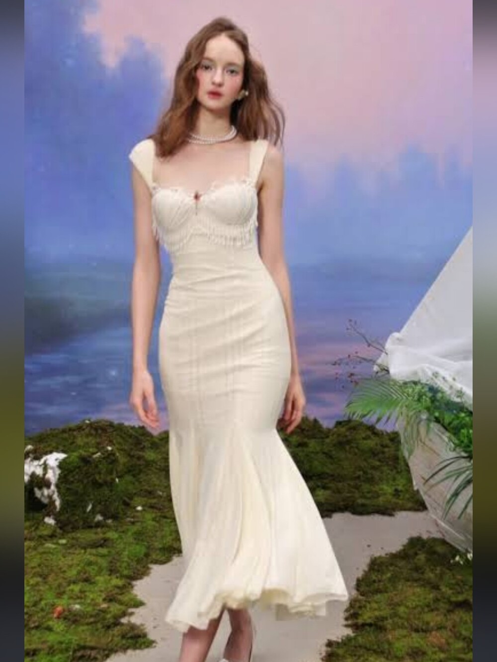 NWT LaceMade Siren's Song Mermaid Long Lace Dress Pearl Beads Shells Cream Small - Picture 2 of 16